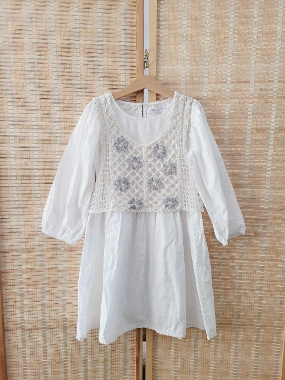 Zara White Girls' Crochet Overlay Dress with Lilac Floral Accents